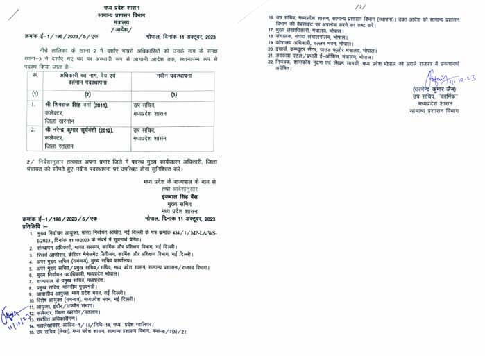 भारत निर्वाचन आयोग के निर्देशों के अनुपालन में खरगोन और रतलाम के कलेक्टर , मध्य प्रदेश शासन में उप सचिव , पदस्थ किए गए