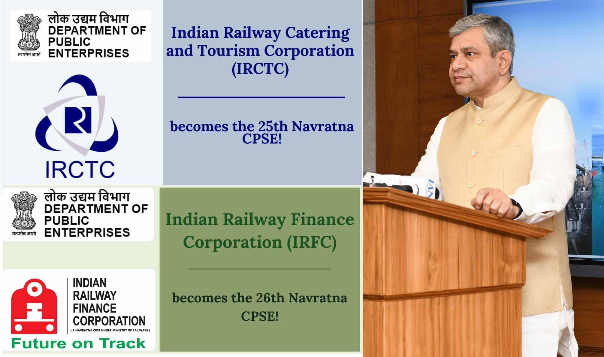 IRCTC, IRFC को मिला नवरत्न दर्जा, रेल मंत्री ने दी बधाई