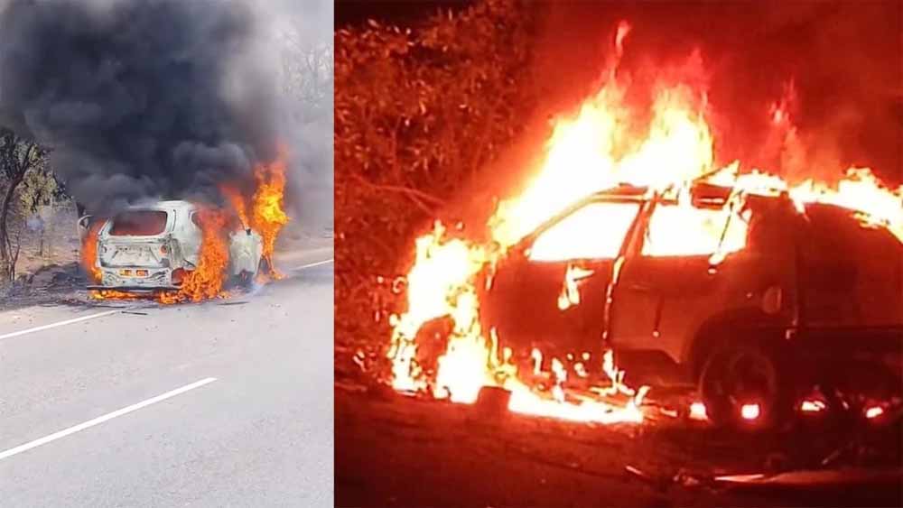 शॉर्ट सर्किट से इंजन में हुआ ब्लास्ट, परिवार सुरक्षित बाहर निकल आया, भीषण आग में पूरी कार जल गई