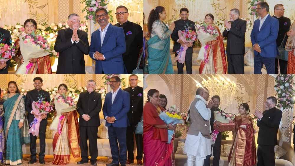 राज्यपाल के बेटे की रिसेप्शन पार्टी में पत्नी संग पहुंचे CM हेमंत सोरेन, नवविवाहित जोड़े को दिया आशीर्वाद