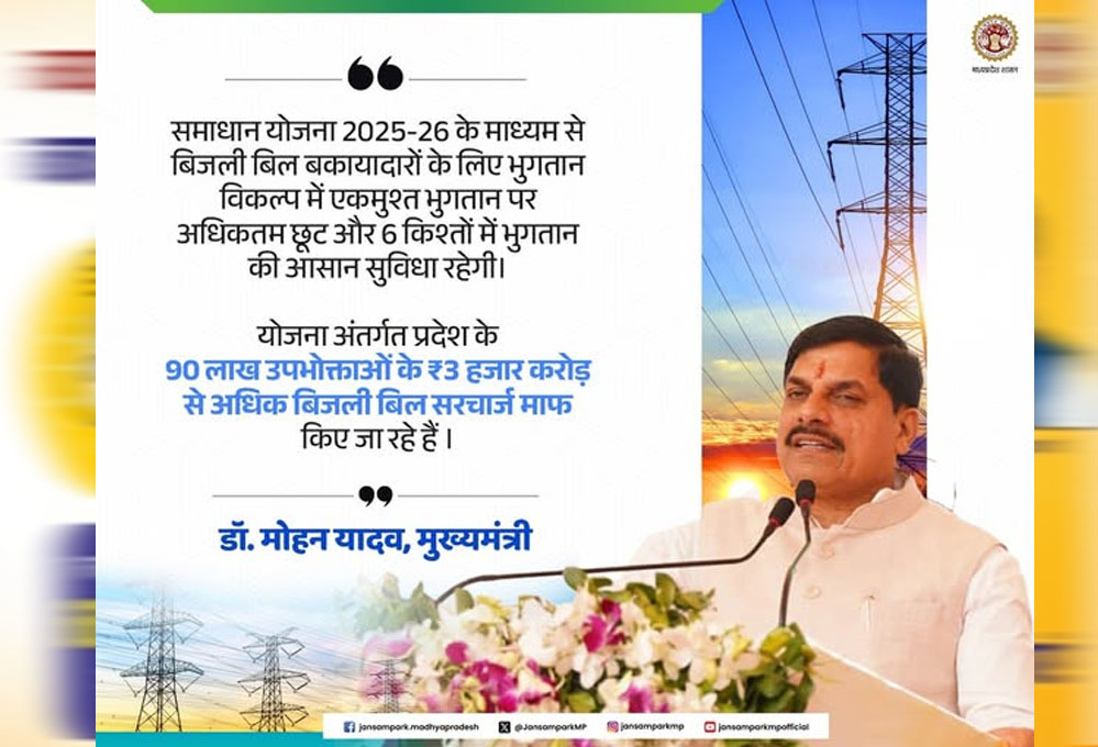 समाधान योजना में अब तक 11 लाख 88 हजार बकायादार उपभोक्ताओं ने कराया पंजीयन : ऊर्जा मंत्री तोमर समाधान योजना में अब तक 11 लाख 88 हजार बकायादार उपभोक्ताओं ने कराया पंजीयन : ऊर्जा मंत्री तोमर