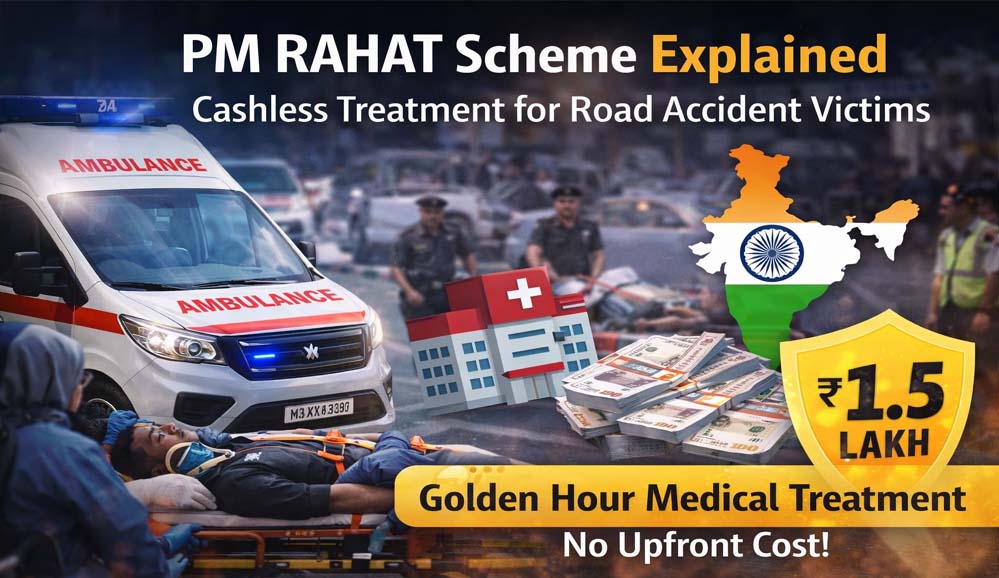 PM RAHAT योजना लॉन्च: सड़क हादसे में 7 दिन इलाज मुफ्त, 1.5 लाख तक का खर्च सरकार देगी