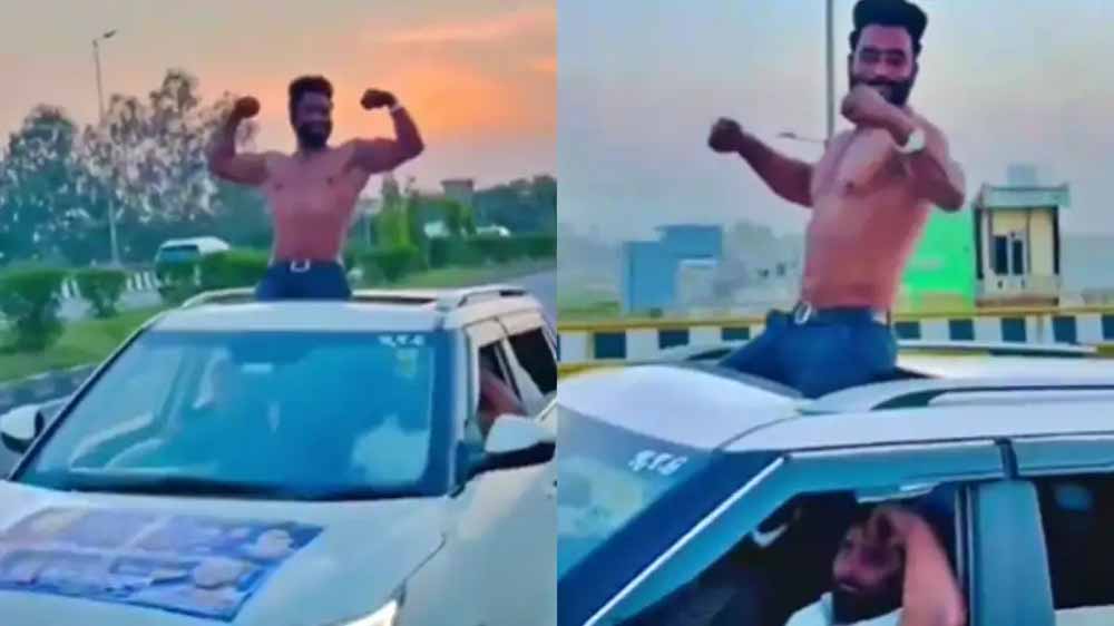 NH-9 पर सनरूफ स्टंट: युवक पर ₹21,500 का चालान