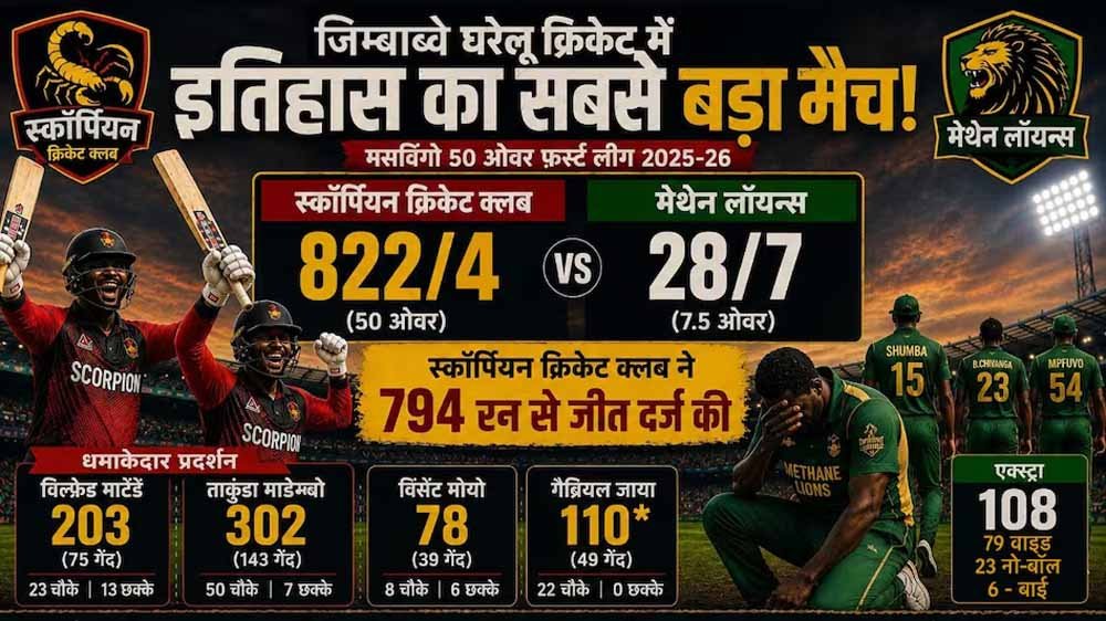 जिम्बाब्वे क्रिकेट में कोहराम, स्कॉर्पियन ने 822 रन ठोककर रचा इतिहास जिम्बाब्वे क्रिकेट में कोहराम, स्कॉर्पियन ने 822 रन ठोककर रचा इतिहास