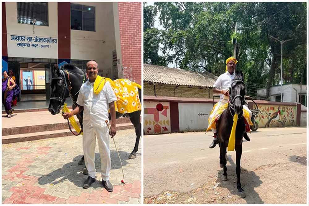 साहिबगंज में अनोखी पहल: घोड़े पर ऑफिस पहुंचे जिला परिषद उपाध्यक्ष, दिया ईंधन बचत का संदेश