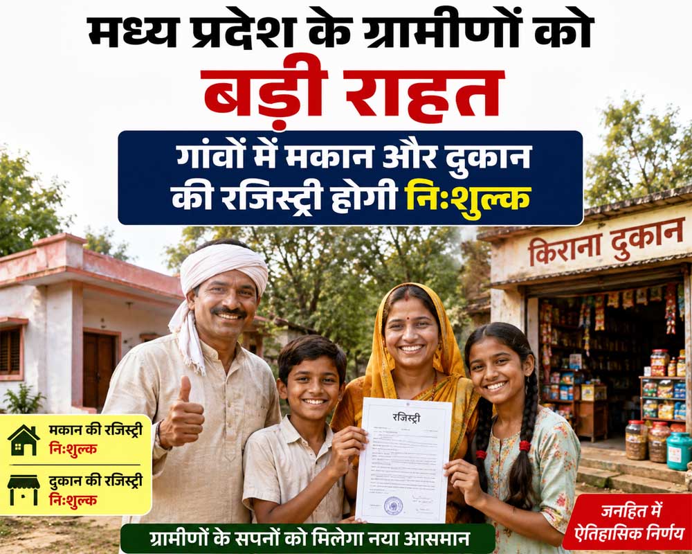मध्य प्रदेश के ग्रामीणों को बड़ी राहत, गांवों में मकान और दुकान की रजिस्ट्री होगी निःशुल्क मध्य प्रदेश के ग्रामीणों को बड़ी राहत, गांवों में मकान और दुकान की रजिस्ट्री होगी निःशुल्क