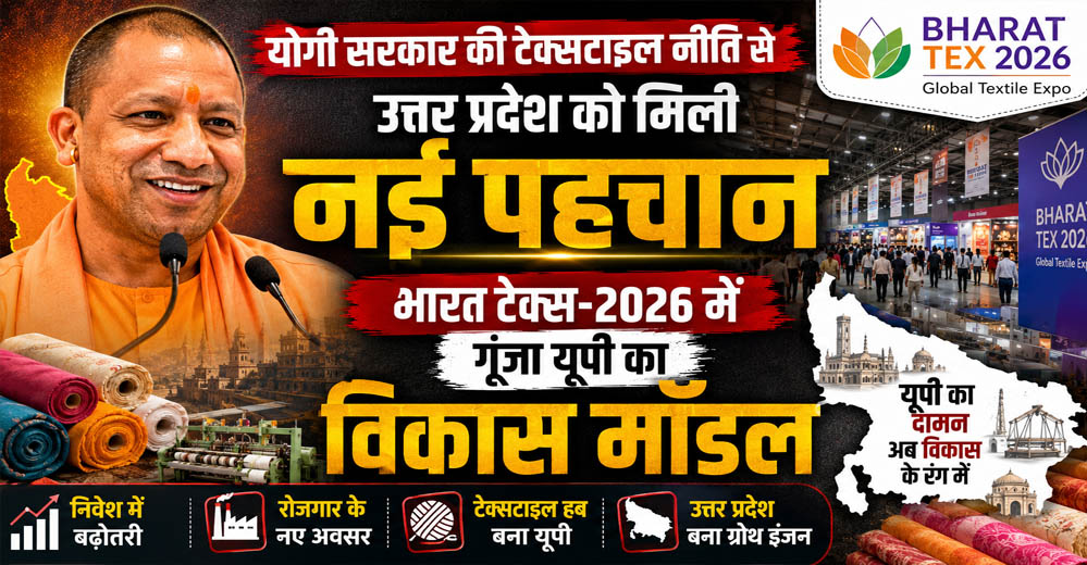 योगी सरकार की टेक्सटाइल नीति से उत्तर प्रदेश को मिली नई पहचान, भारत टेक्स-2026 में गूंजा यूपी का विकास मॉडल योगी सरकार की टेक्सटाइल नीति से उत्तर प्रदेश को मिली नई पहचान, भारत टेक्स-2026 में गूंजा यूपी का विकास मॉडल