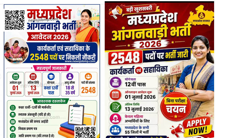 MP Anganwadi Recruitment 2026: 2,548 कार्यकर्ता और सहायिकाओं की भर्ती, 13 जुलाई तक करें आवेदन MP Anganwadi Recruitment 2026: 2,548 कार्यकर्ता और सहायिकाओं की भर्ती, 13 जुलाई तक करें आवेदन
