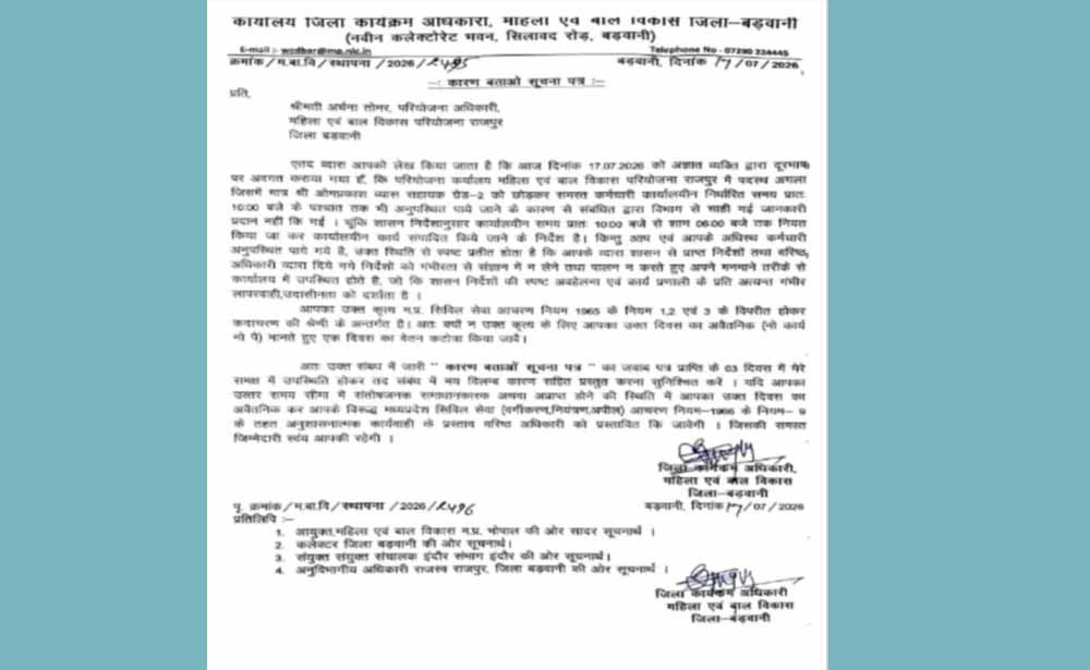 राजपुर महिला एवं बाल विकास परियोजना अधिकारी को कारण बताओ नोटिस जारी, लापरवाही पर जिला कार्यक्रम अधिकारी सख्त राजपुर महिला एवं बाल विकास परियोजना अधिकारी को कारण बताओ नोटिस जारी, लापरवाही पर जिला कार्यक्रम अधिकारी सख्त