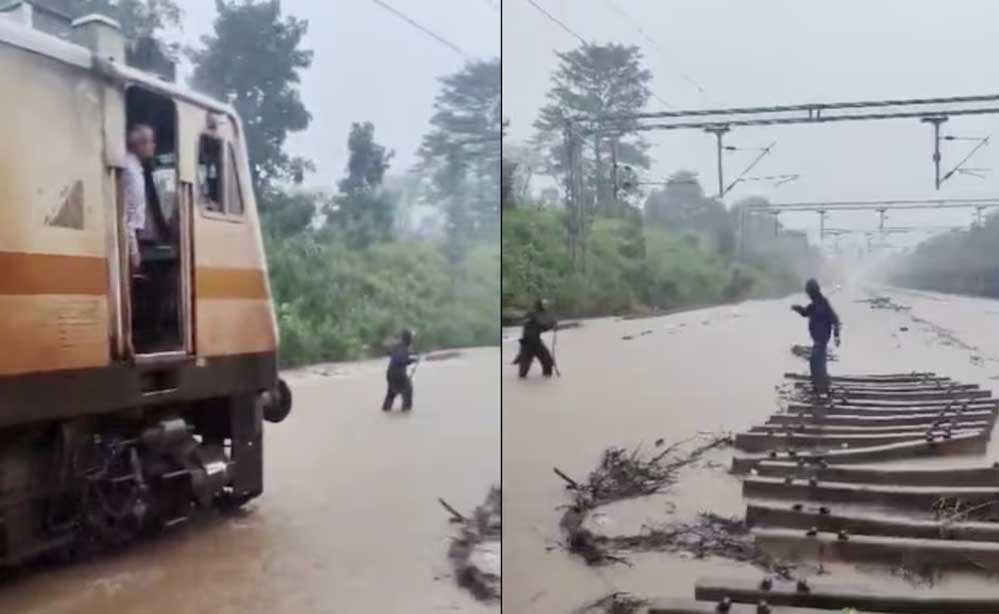 आगे लाल झंडी लेकर चला रेलकर्मी, पीछे 3 फीट पानी चीरती रही ट्रेन; सतना-मानिकपुर ट्रैक का VIDEO वायरल आगे लाल झंडी लेकर चला रेलकर्मी, पीछे 3 फीट पानी चीरती रही ट्रेन; सतना-मानिकपुर ट्रैक का VIDEO वायरल