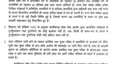 सीजीपीएससी ने राज्य सेवा मुख्य परीक्षा-2025 में 795 के स्थान पर 608 अभ्यर्थी ही साक्षात्कार के लिए चिन्हांकित करने को लेकर स्थिति की स्पष्ट