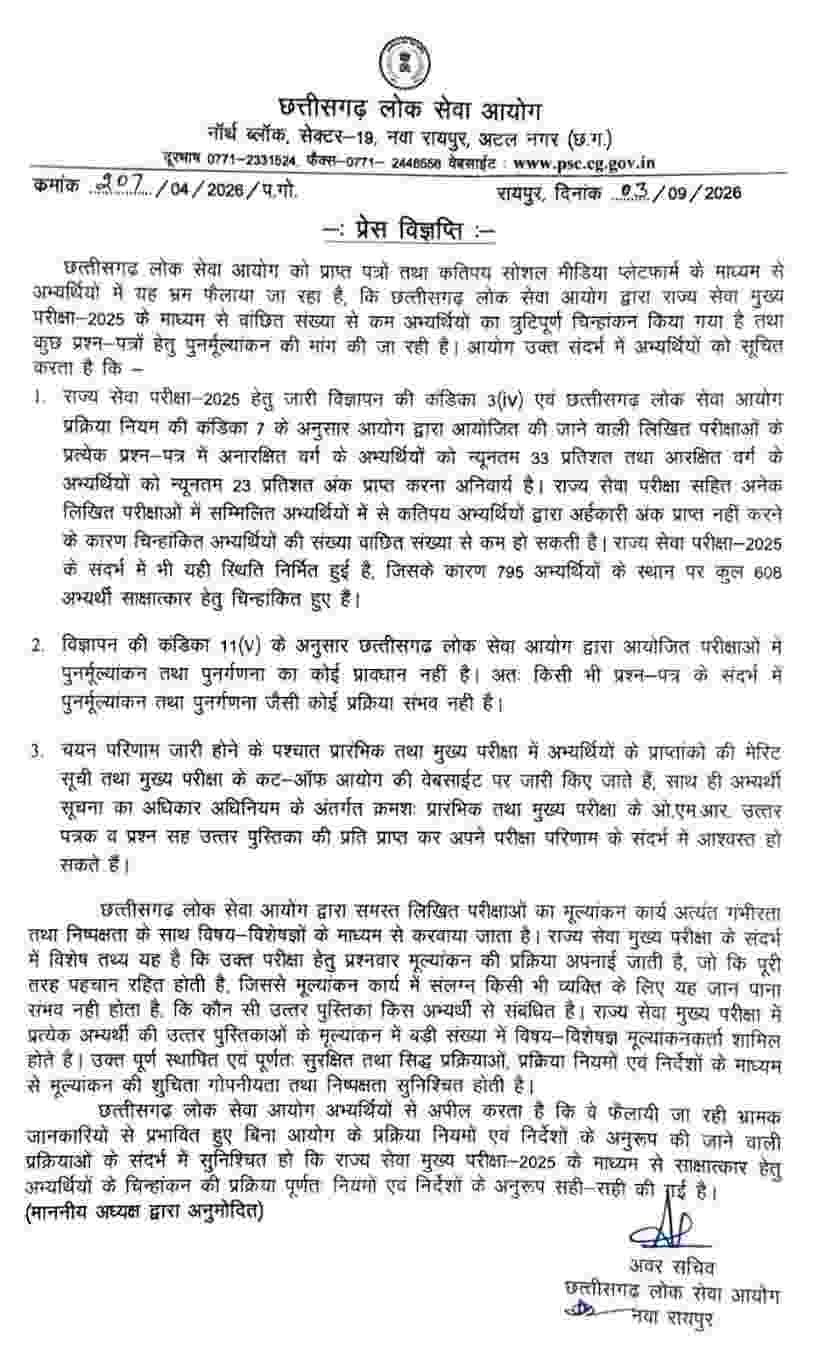 सीजीपीएससी ने राज्य सेवा मुख्य परीक्षा-2025 में 795 के स्थान पर 608 अभ्यर्थी ही साक्षात्कार के लिए चिन्हांकित करने को लेकर स्थिति की स्पष्ट सीजीपीएससी ने राज्य सेवा मुख्य परीक्षा-2025 में 795 के स्थान पर 608 अभ्यर्थी ही साक्षात्कार के लिए चिन्हांकित करने को लेकर स्थिति की स्पष्ट