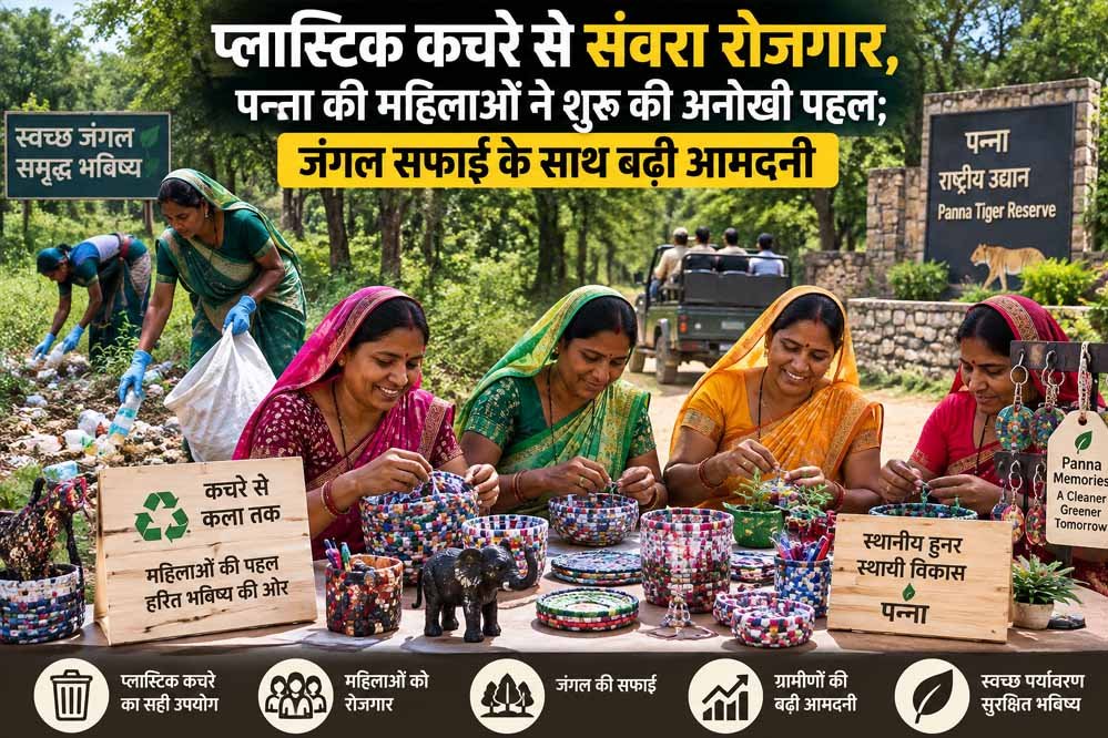 पन्ना में प्लास्टिक कचरे का अनोखा समाधान, महिलाओं ने शुरू किया रोजगार; पर्यटकों के लिए बना रहीं यादगार सामान पन्ना में प्लास्टिक कचरे का अनोखा समाधान, महिलाओं ने शुरू किया रोजगार; पर्यटकों के लिए बना रहीं यादगार सामान