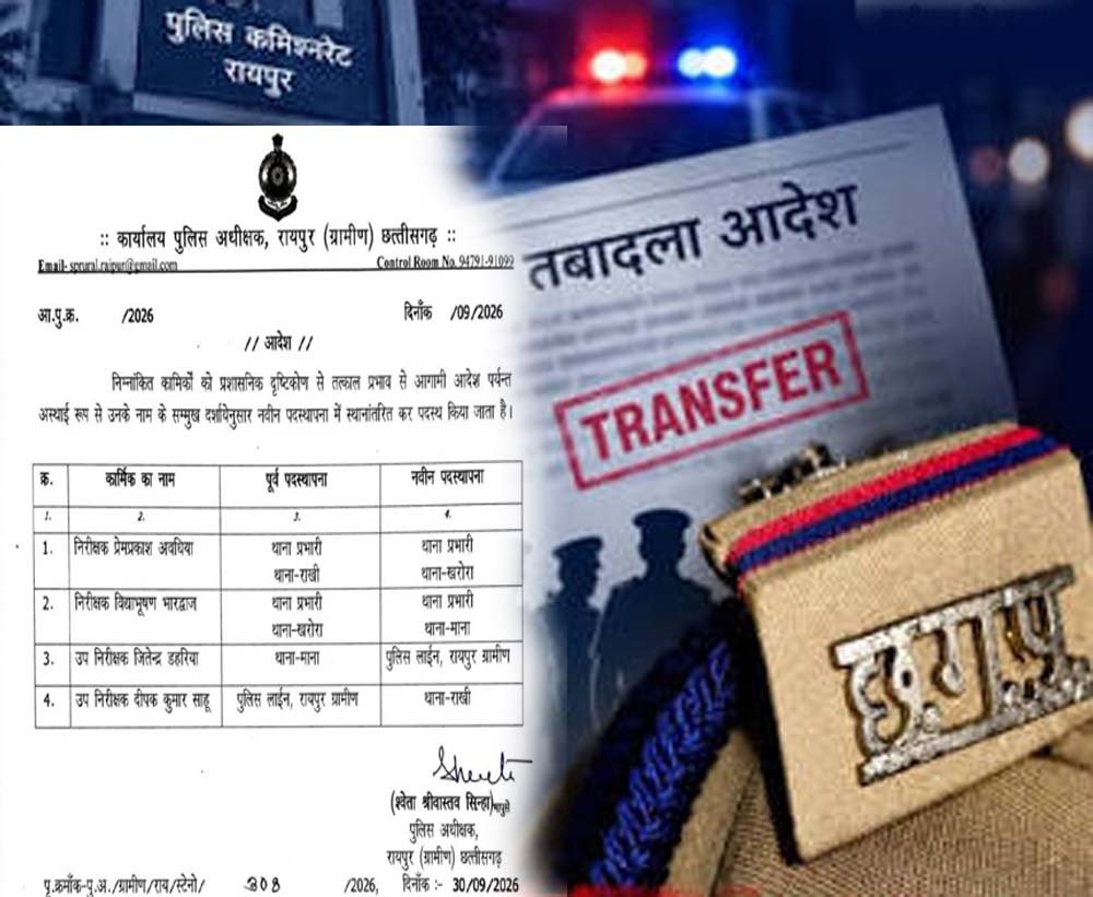 रायपुर ग्रामीण पुलिस में बड़ा फेरबदल, 3 थानों के प्रभारी बदले रायपुर ग्रामीण पुलिस में बड़ा फेरबदल, 3 थानों के प्रभारी बदले